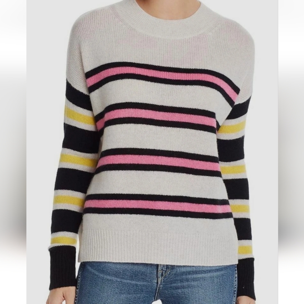 Aqua Ivory Black Pink Stripe Crew-Neck Long Sleeve Cashmere Sweater S